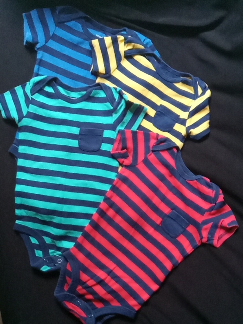 Striped Short-Sleeve Baby Bodysuit Set - Blue, Yellow, Teal, Red